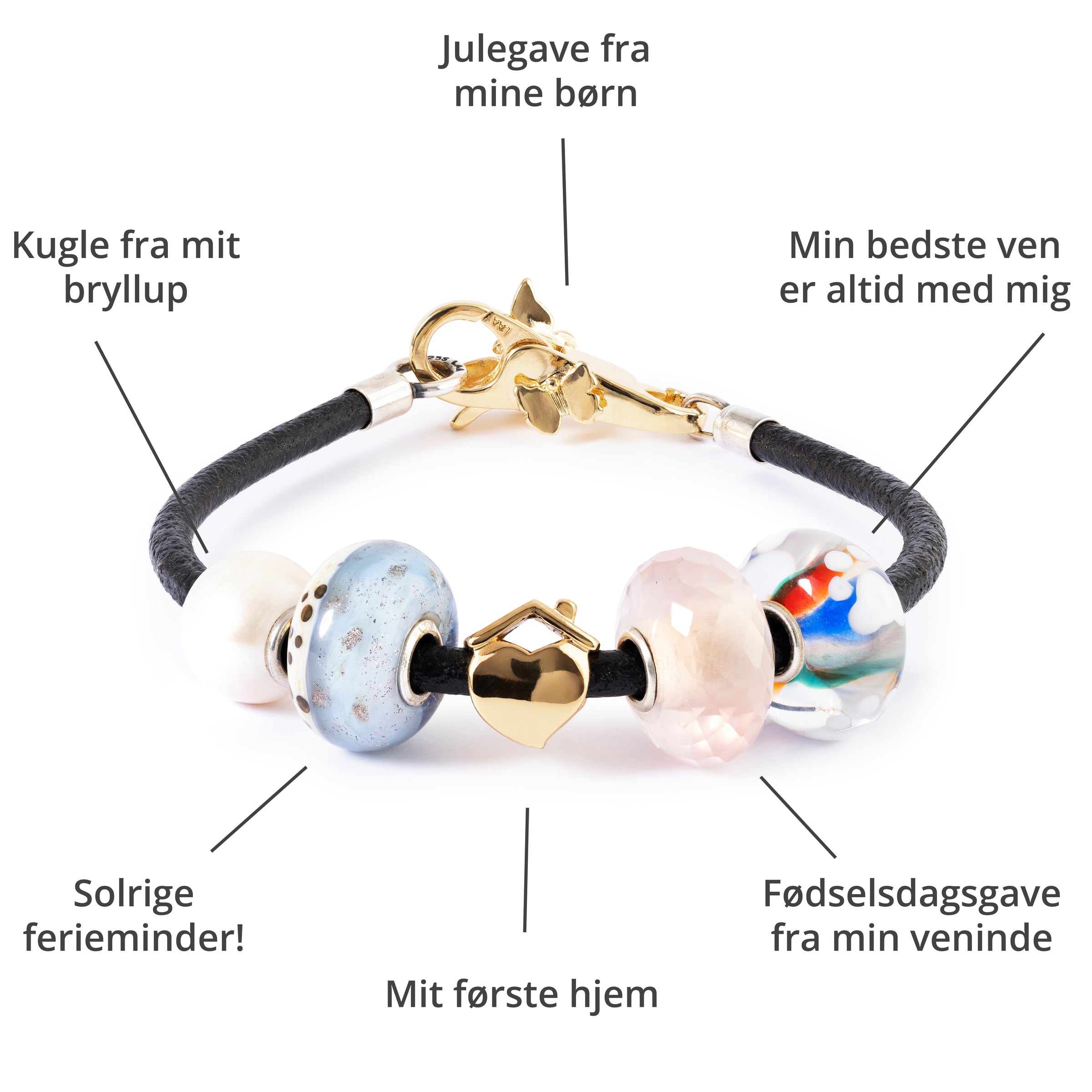 Læderarmbånd med udvalgte smykkekugler i glas, forgyldt og sten
