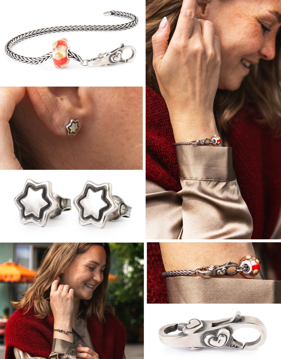Kollage af billeder af en model, der bærer armbånd med forksellige beads og øreringe.
