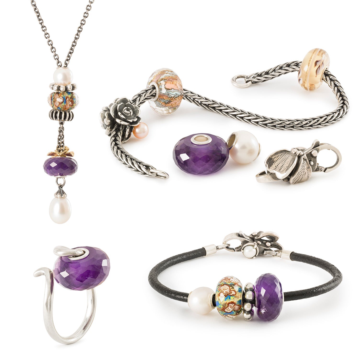 Trollbeads Ametyst på forskellige smykker, halskæde, sølvarmbånd, læderarmbånd, sølv ring, med komplimentære kugler