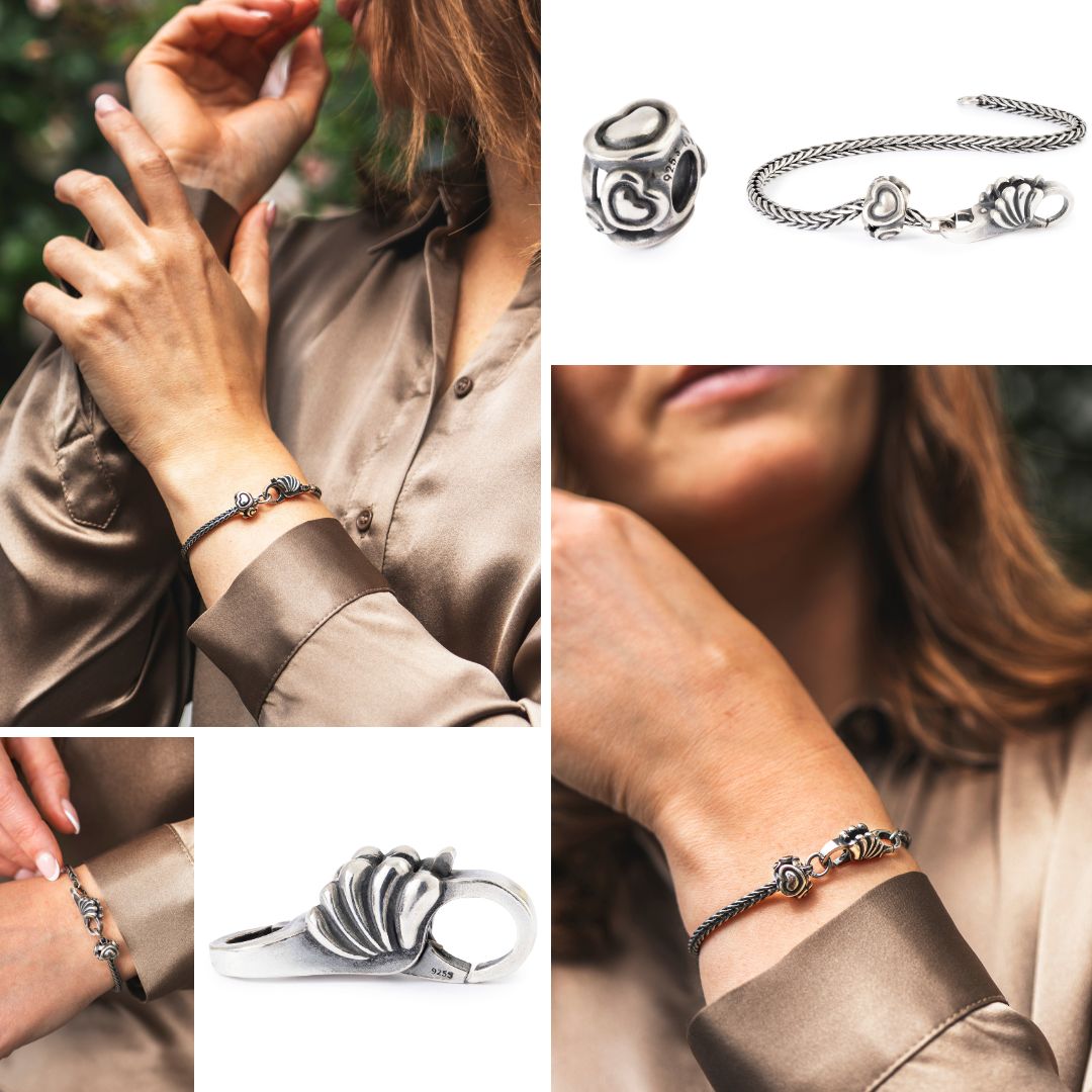 En collage, der viser et sølvarmbånd båret på flere håndled, med nærbilleder af armbåndet og et separat billede af låsen og kuglen set ovenfra. Modellen bærer en brun satinbluse, og baggrunden viser sløret grønt udendørs og en enkel, lys baggrund.