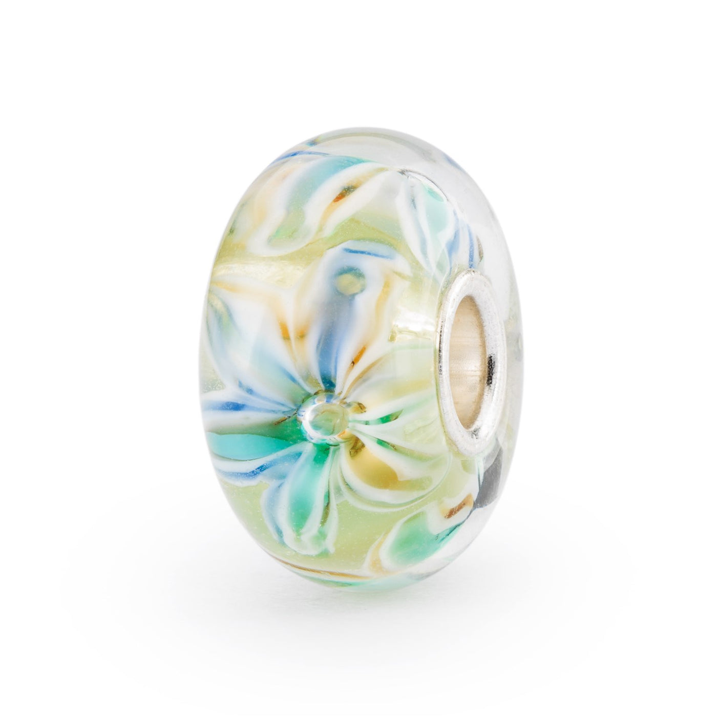 Forbløffende glaskugle med et fantasifuldt blomsterdesign i grønne, blå, turkis og gule farver.
